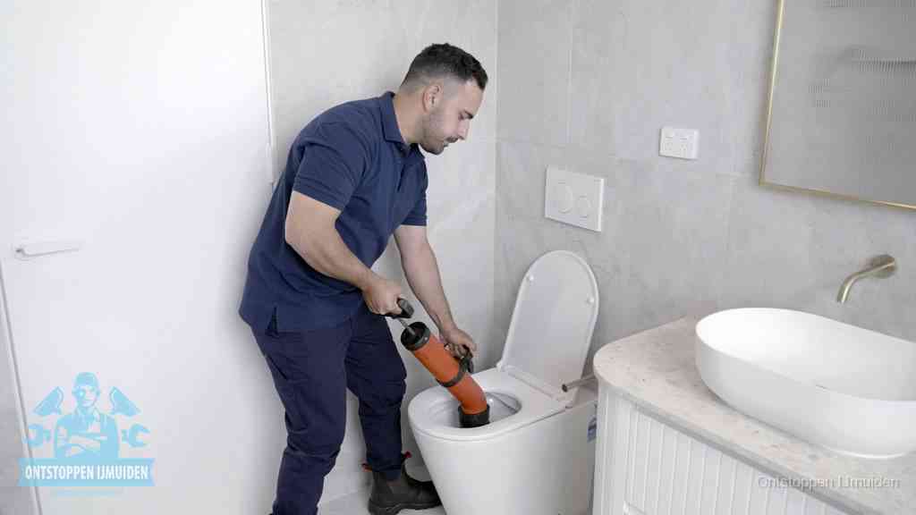 Een monteur gebruikt een handmatige perspomp (toiletontstopper) op een wandcloset tijdens het professioneel wc ontstoppen in IJmuiden