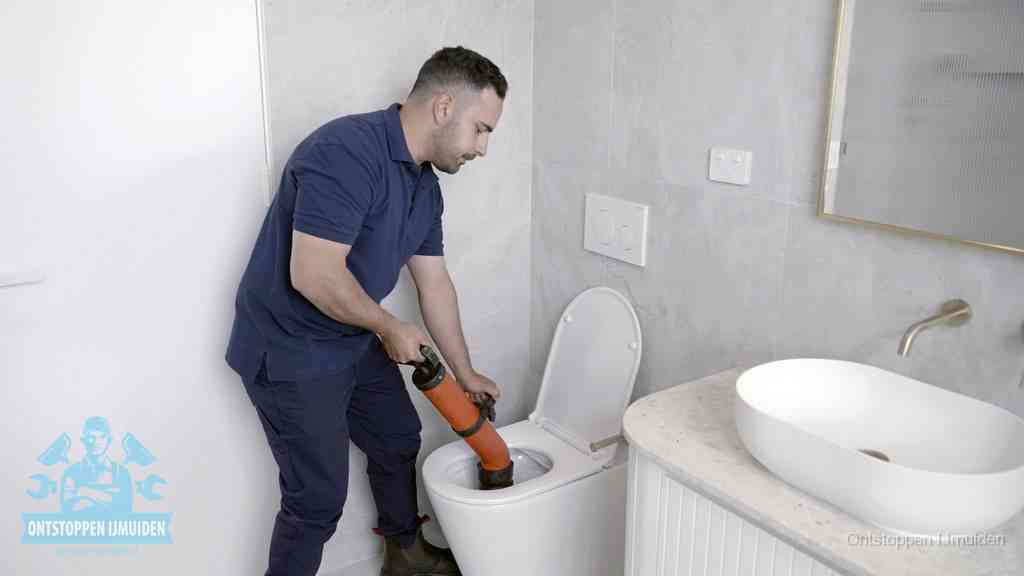 Een man gebruikt een handmatige luchtdruk-ontstopper in een modern betegeld toilet om zelf de wc te ontstoppen in IJmuiden